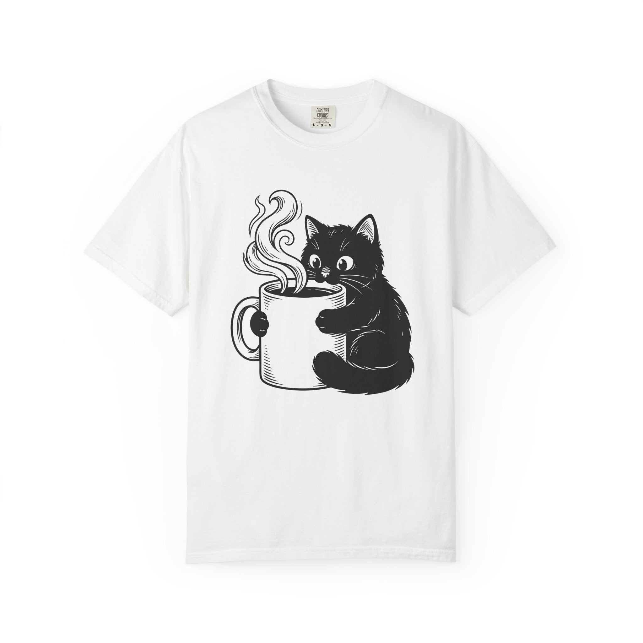 Black Feline Mug Shirt Cat Cappuccino Gift Women Cartoon Tee Cat T-Shirt Cat Fan Kitten Tshirt Coffee Graphic Hand Drawn Hot Steam Tshirt