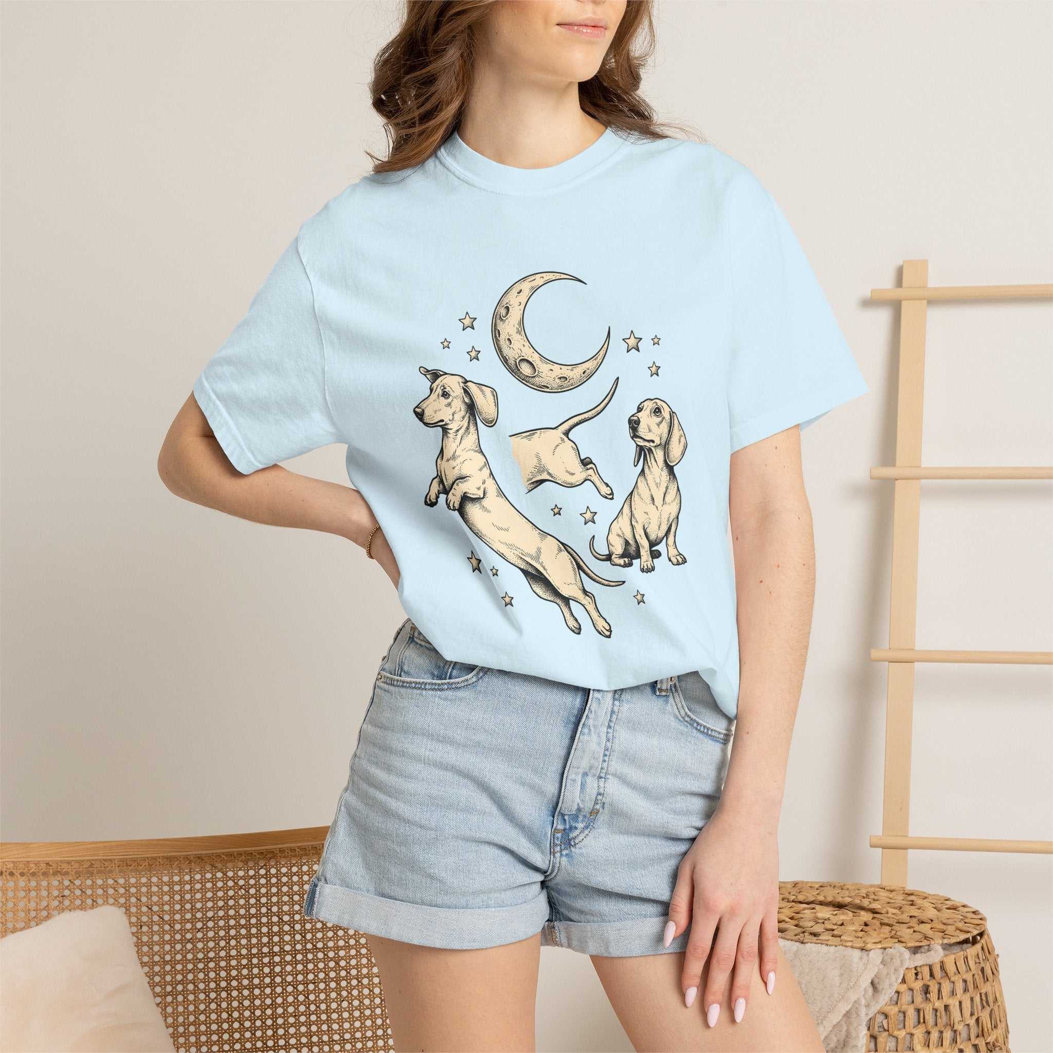 Dachshund Pups Shirt Dog Astrology Gift Women Sketch Tee Wiener Dog T-Shirt Dog Fan Doodle Graphic Tshirt Retro Crescent Moon Tshirt