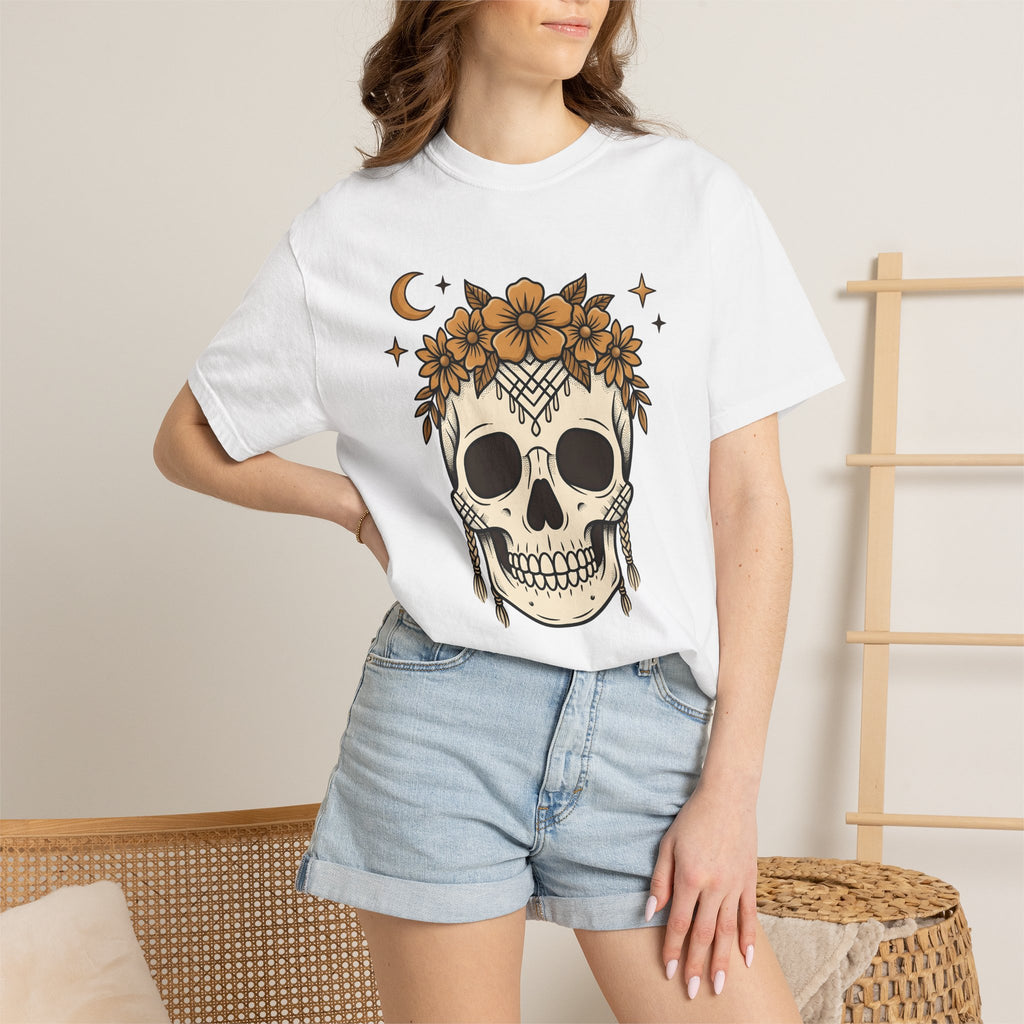 Skeleton Floral Shirt Halloween Macabre Gift Women Flash Tee Skull Flower T-Shirt Horror Fan Tattoo Tshirt Dark Graphic Ethnic Night Orb