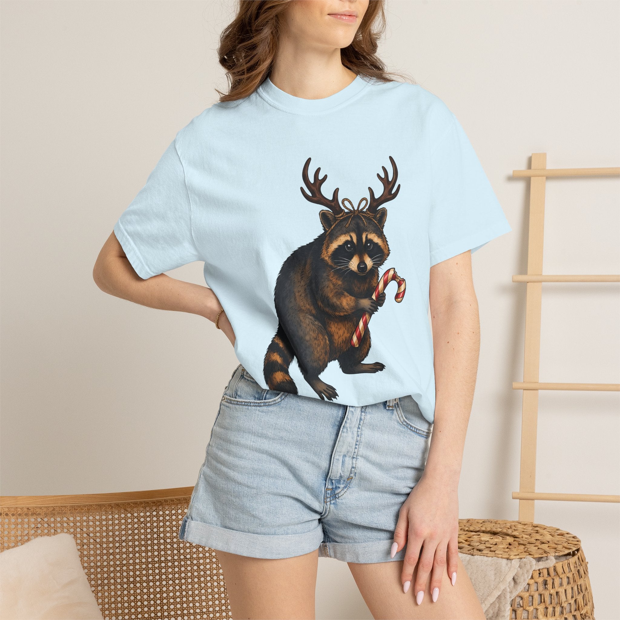 Raccoon Antlers Shirt Christmas Critter Gift Women Cartoon Tee Masked Bandit T-Shirt Xmas Fan Cartoonish Tshirt Creature Graphic Classic