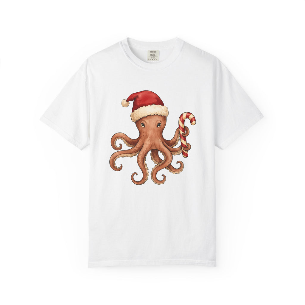 Octopus Christmas Hat Shirt Animals Holiday Gift Women Paint Tee Cephalopod T-Shirt Creature Fan Watercolor Tshirt Christmas Graphic Doodle
