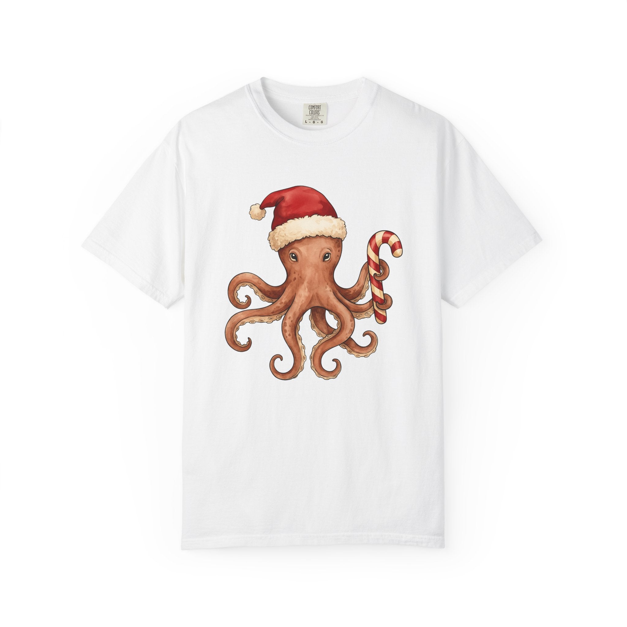 Octopus Christmas Hat Shirt Animals Holiday Gift Women Paint Tee Cephalopod T-Shirt Creature Fan Watercolor Tshirt Christmas Graphic Doodle