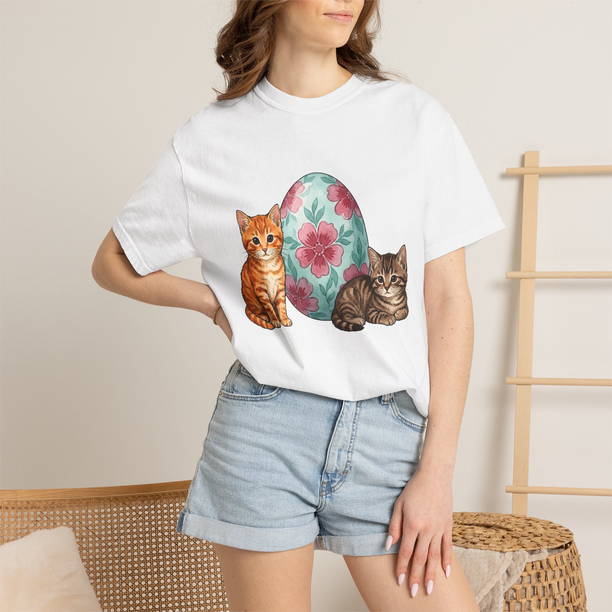 Kitten Floral Egg Shirt Easter Cat Gift Women Watercolor Tee Easter Egg T-Shirt Cat Fan Easter Bunny Tshirt Cat Lady Graphic Hand Drawn