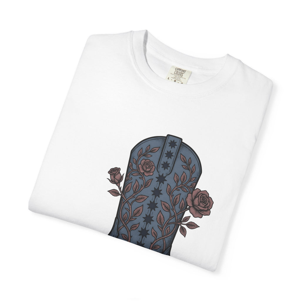 Leather Boot Shirt America Ranch Gift Women Retro Vintage Tee Boot T-Shirt American Enthusiast Cowboy Graphic Tshirt Ink Drawing Floral