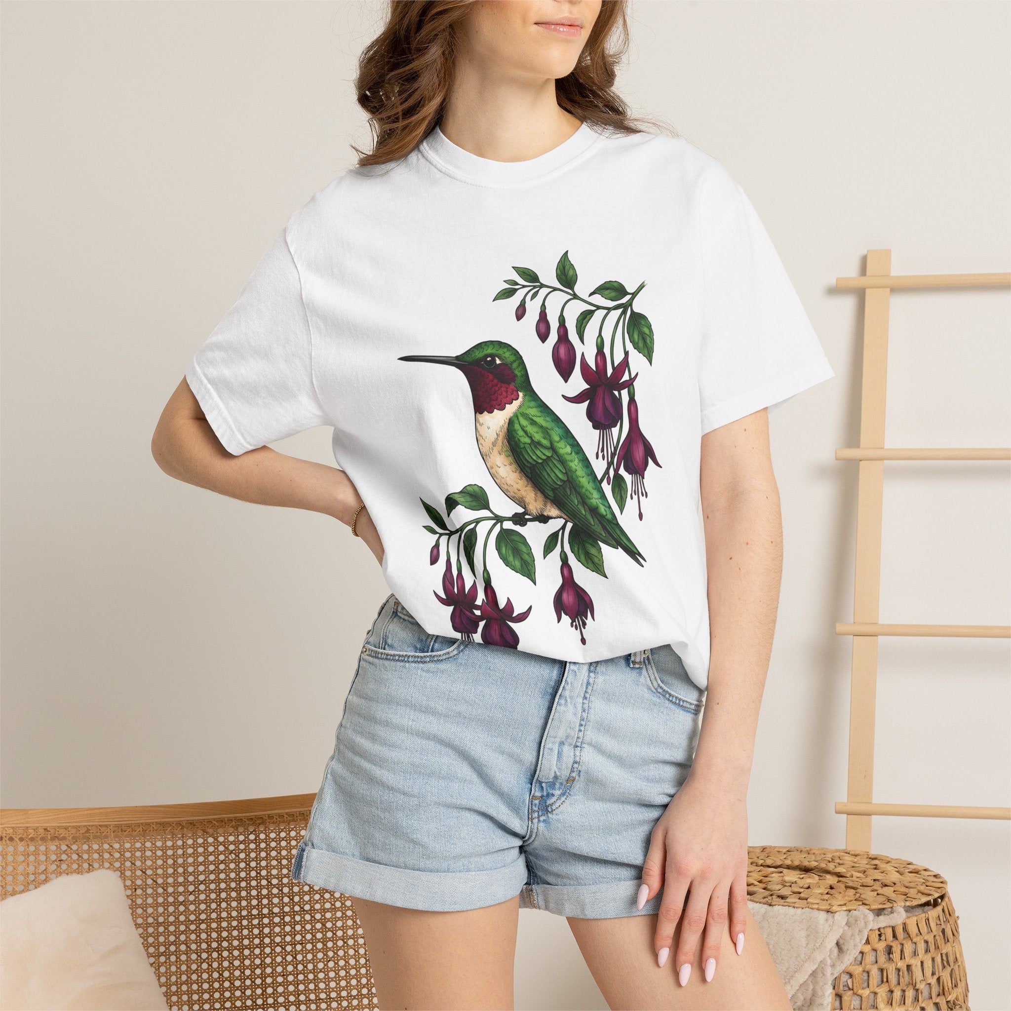 Hummingbird Art Shirt Animals & Flowers Wildlife Gift Women Garden Tee Hummingbirds T-Shirt Flower Fan Floral Graphic Tshirt Line Art