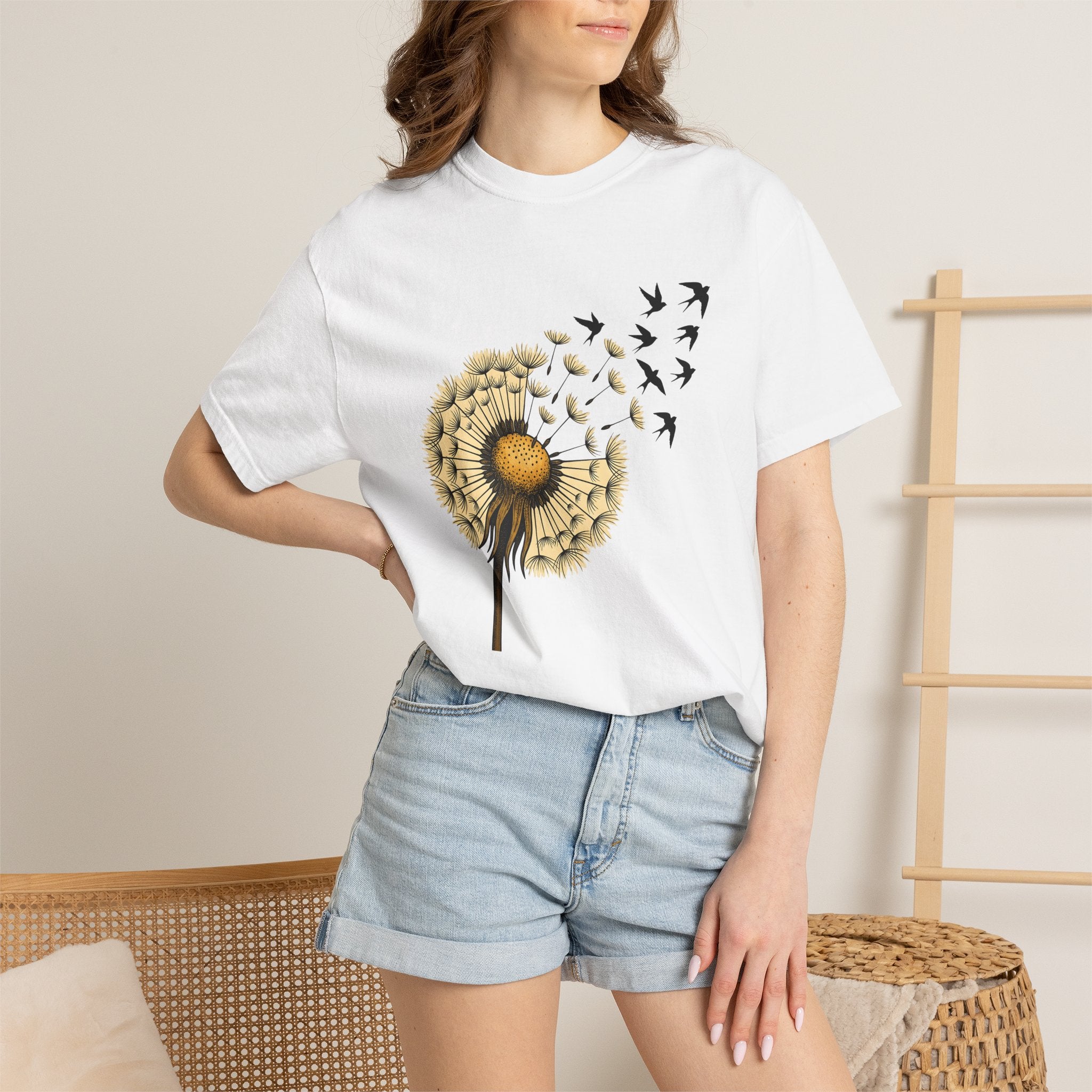 Dandelion Birds Shirt Animals & Flowers Nature Gift Women Botanical Tee Wildflower T-Shirt Wildlife Fan Floral Tshirt Environmental Graphic