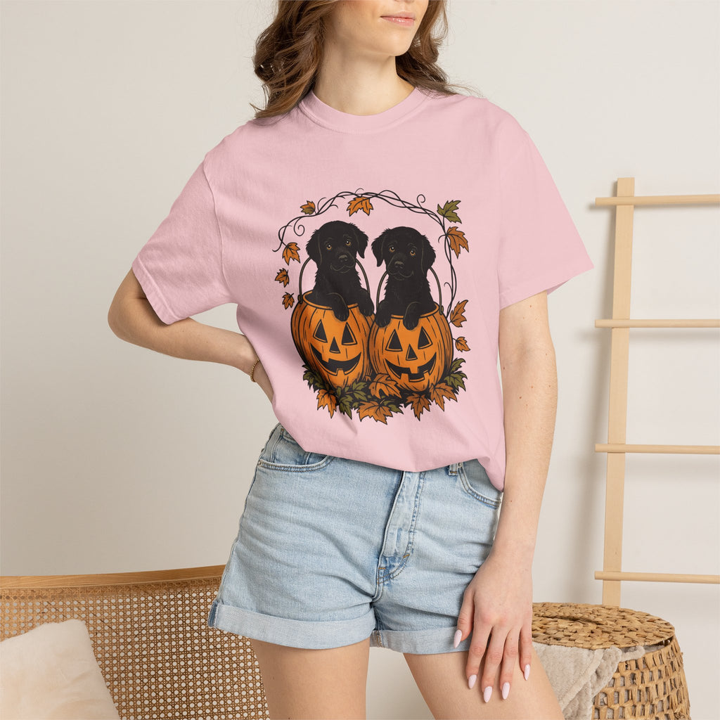 Black Labrador Puppies Shirt Halloween Pet Owner Gift Women Retro Tee Puppy T-Shirt Halloween Fan Dog Graphic Labrador Sketch Carved Pumpkin