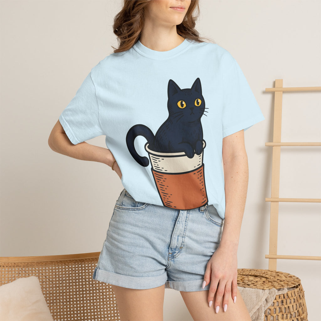 Black Cat Coffee Mug Shirt Halloween Espresso Gift Women Comic Tee Cat Mug T-Shirt Horror Fan Cartoon Tshirt Coffee Illustration Vintage