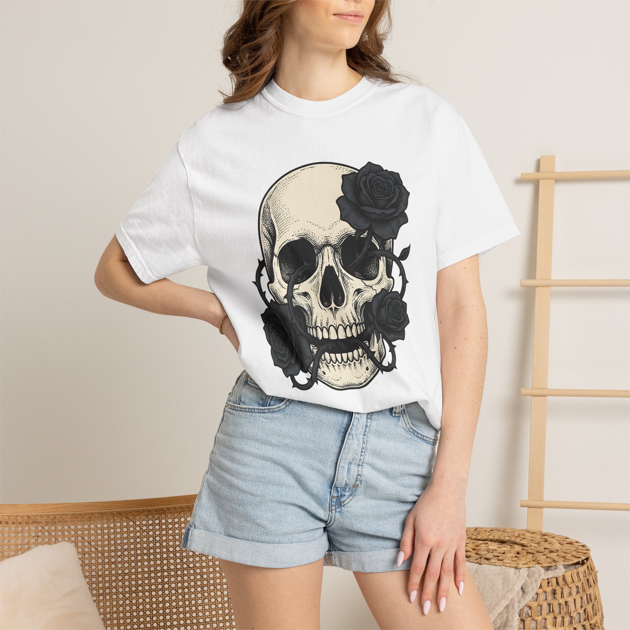 Skull Blossoms Shirt Gothic Greenery Gift Women Hand Drawn Tee Sugar Skull T-Shirt Goth Fan Illustrated Graphic Tshirt Line Art Floral