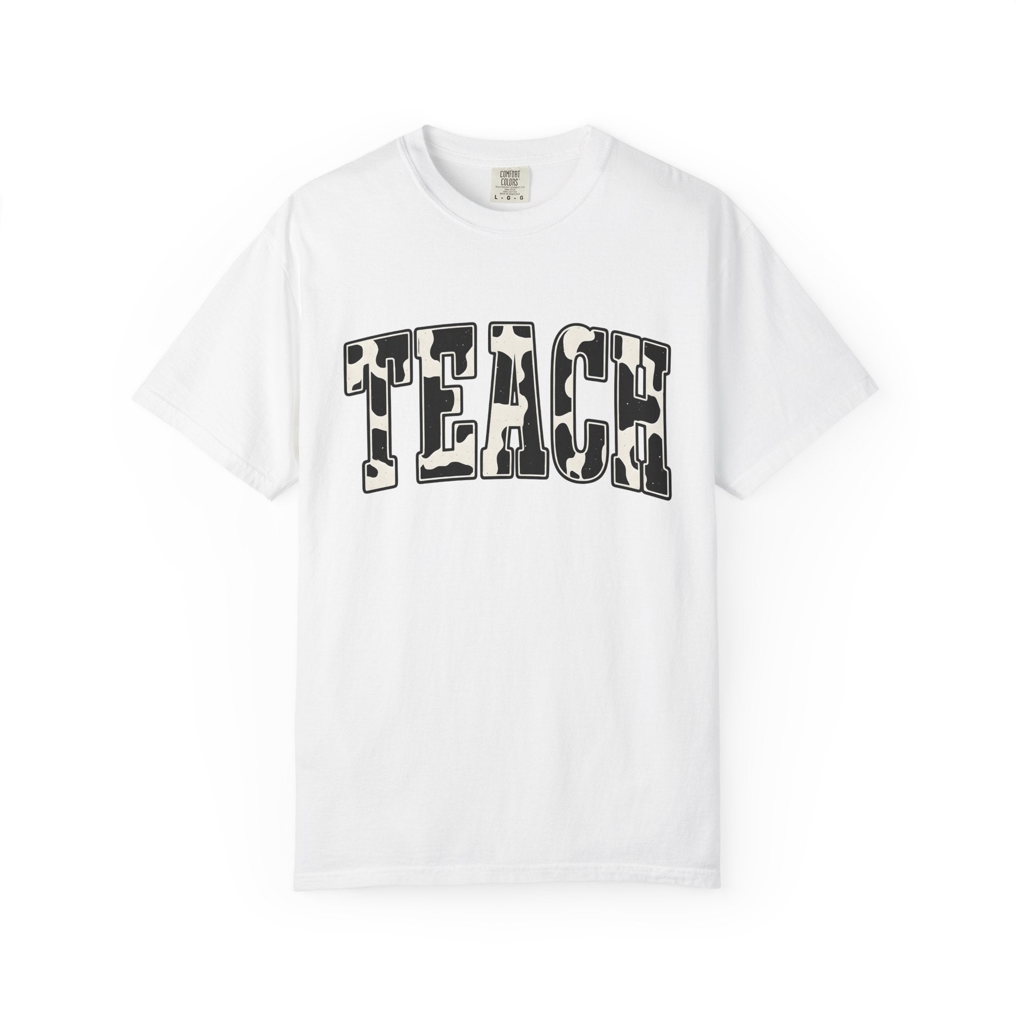 Cow Print Text Shirt Teacher Animal Gift Women Bold Tee Typography T-Shirt Educator Enthusiast Graphic Design Wildlife Graphic Retro Animal