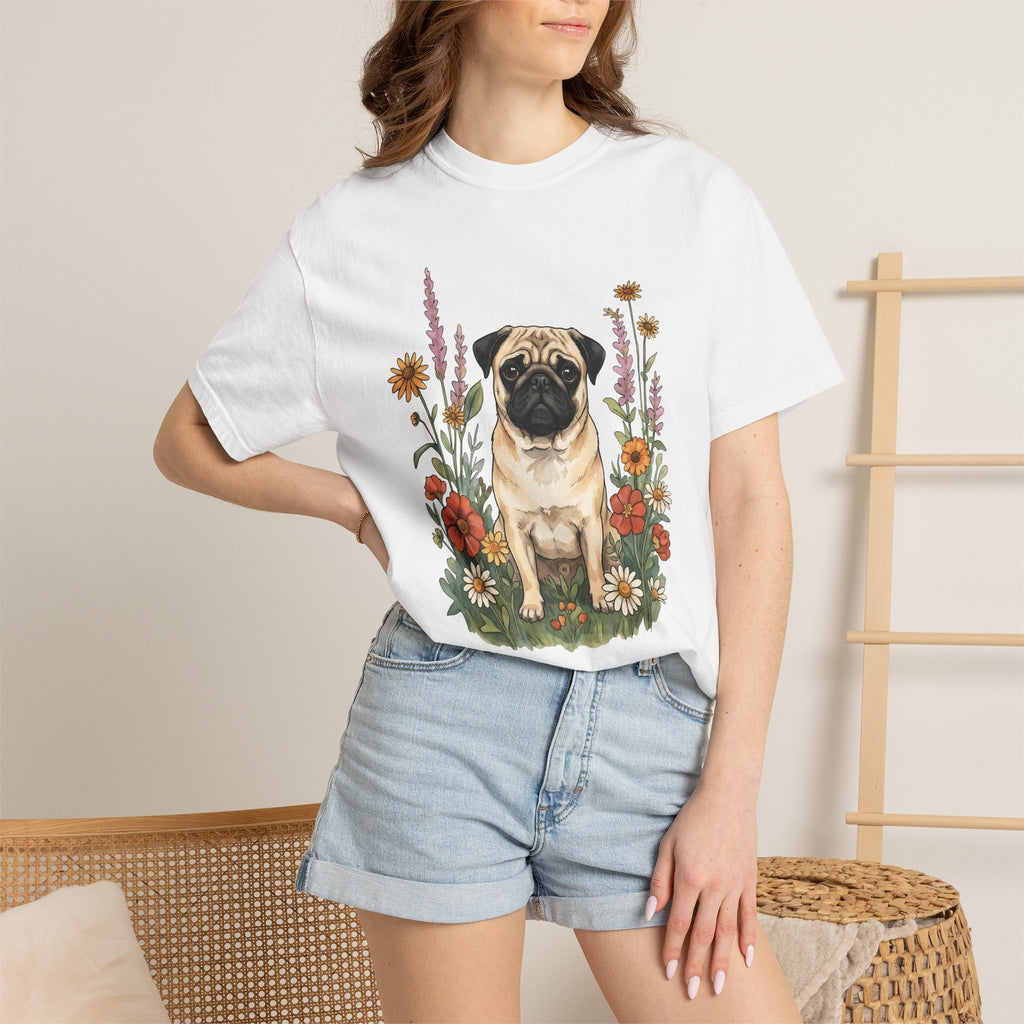 Pug Pet Shirt Dog Blossoms Gift Women Gouache Tee Pug T-Shirt Dog Fan Painter Tshirt Floral Graphic Contour Wild Blooms Tshirt