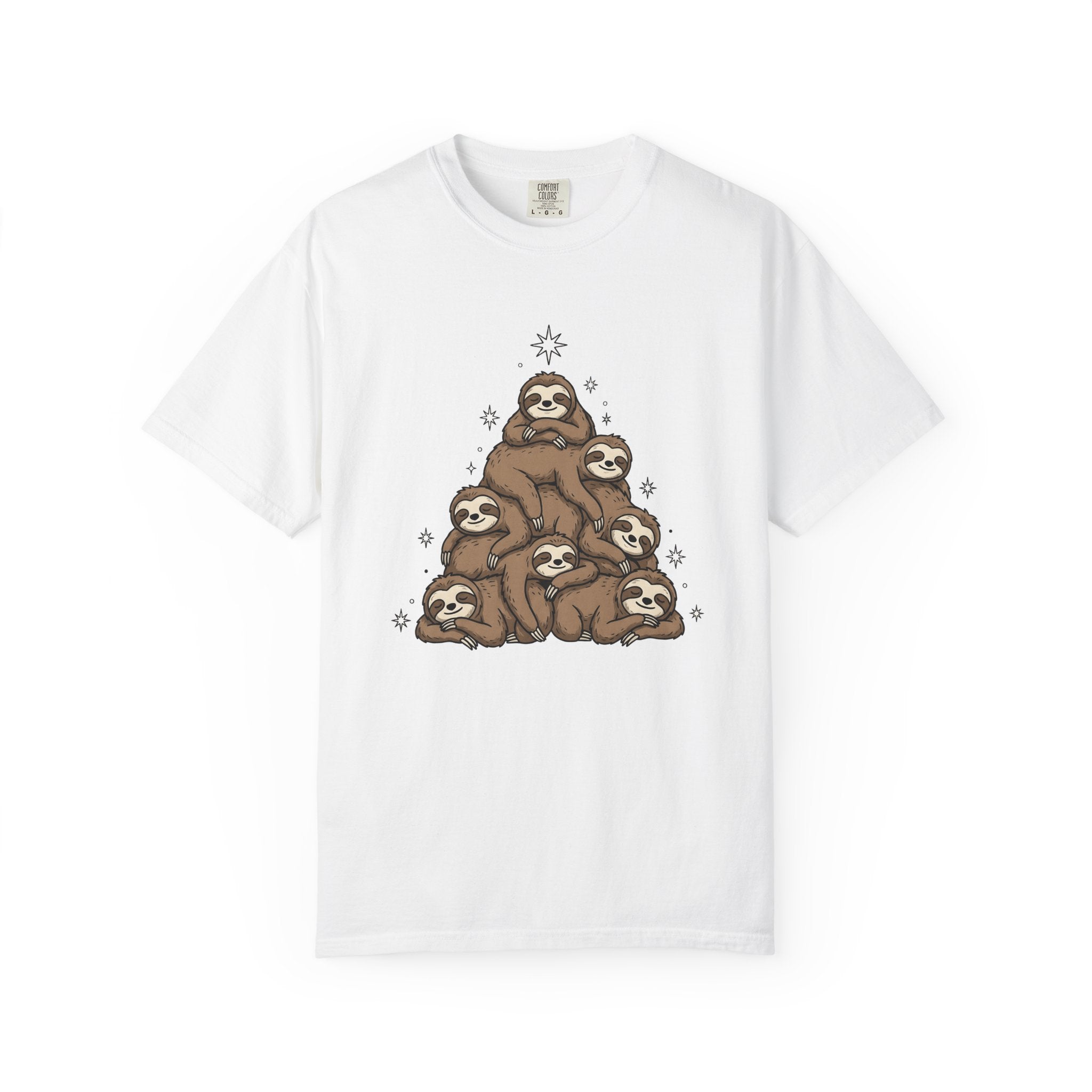 Sloth Tree Shirt Christmas Animal Gift Women Cartoon Tee Tree Sloth T-Shirt Xmas Fan Sloth Cartoon Tshirt Wildlife Graphic Hand Drawn Stars