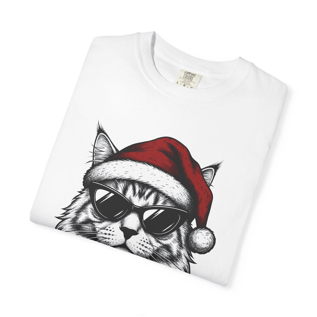 Kitten Santa Hat Shirt Christmas Animal Gift Women Line Art Tee Kitten Santa Hat T-Shirt Christmas Fan Kitty Graphic Cartoon Shades Tshirt