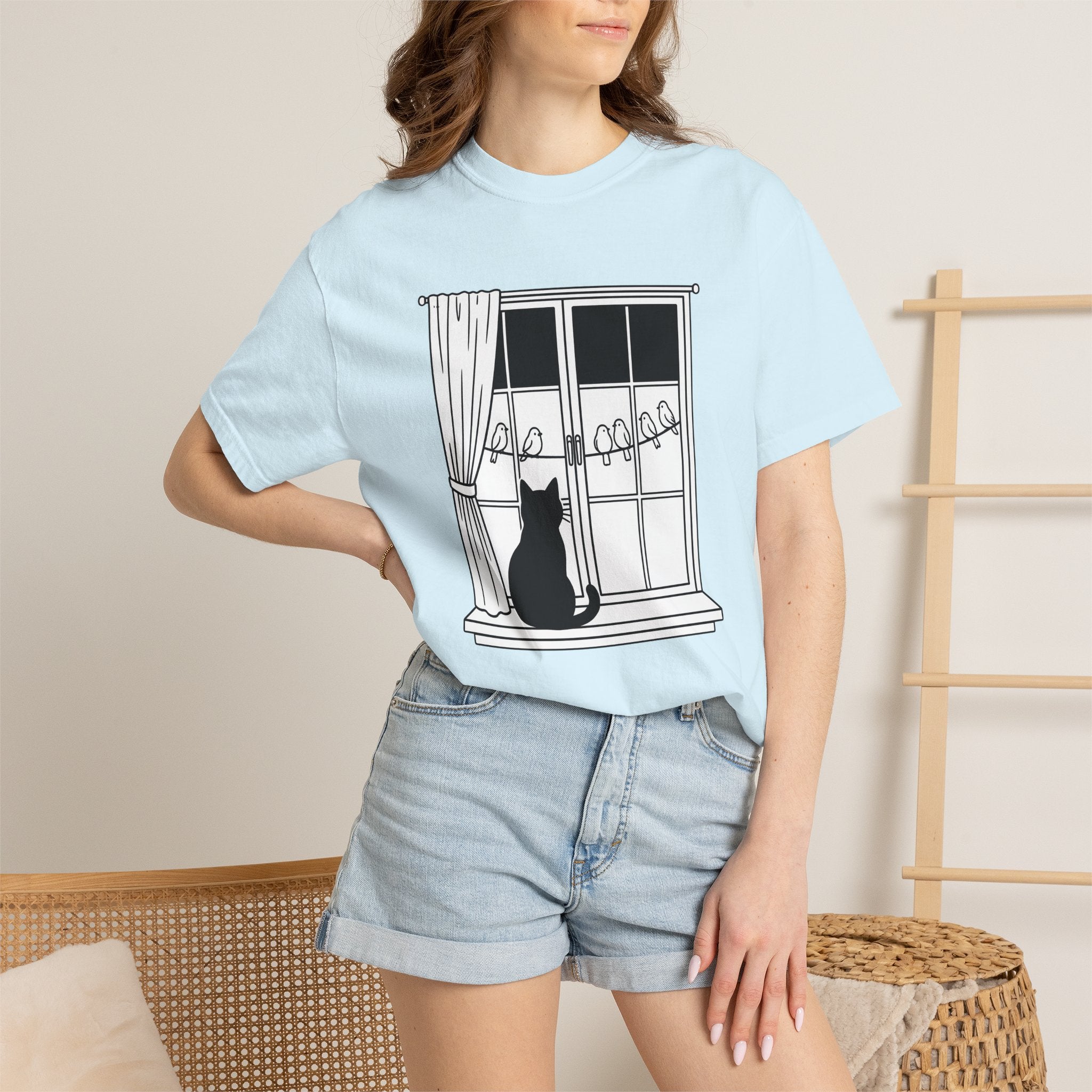 Cat Window Shirt Cat Animals Gift Women Simple Tee Perch T-Shirt Cat Fan Minimalist Tshirt Wildlife Graphic Outline Birds Tshirt