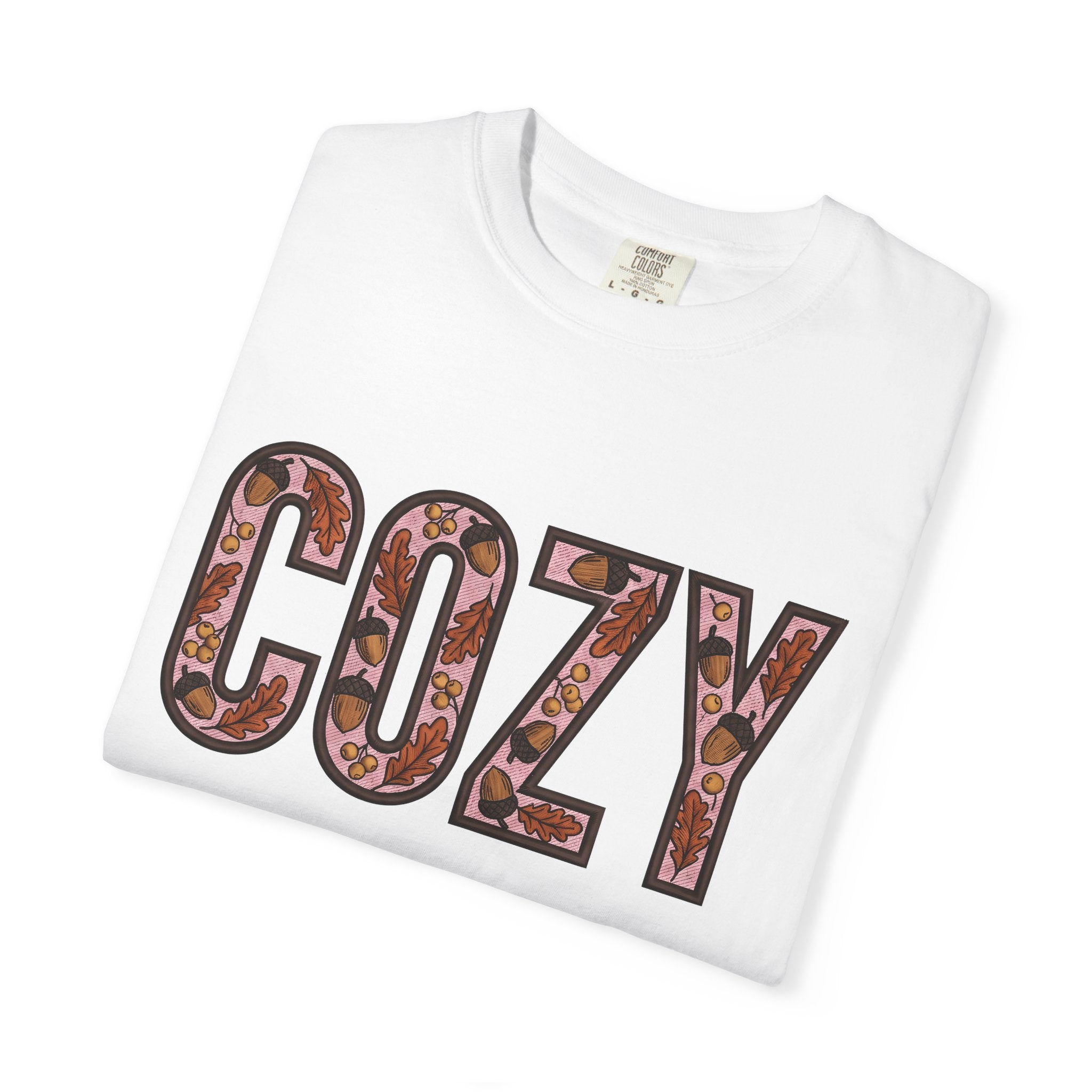 Acorn Leaf Design Shirt Fall Hygge Gift Women Stitched Tee Acorn T-Shirt Autumn Fan Embroidery Tshirt Cozy Graphic Vintage Oak Foliage