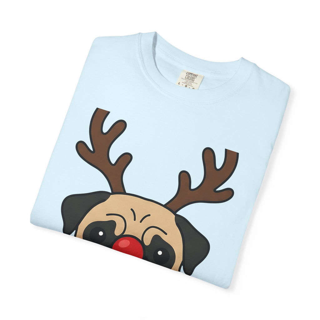 Pug Reindeer Shirt Christmas Dog Gift Women Cartoon Tee Reindeer T-Shirt Xmas Fan Comic Tshirt Dog Graphic Minimalist Red Nose Tshirt