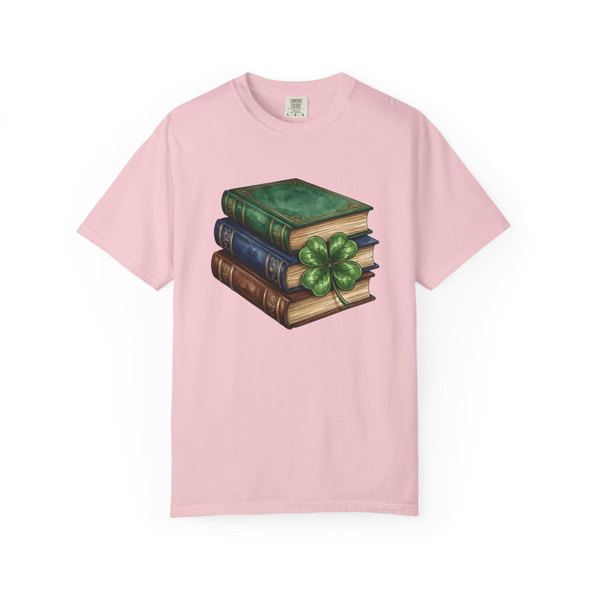 Book Stack Shirt St Patrick's Day Library Gift Women Illustration Tee Bookpile T-Shirt St Patricks Fan Book Art Tshirt Librarian Graphic