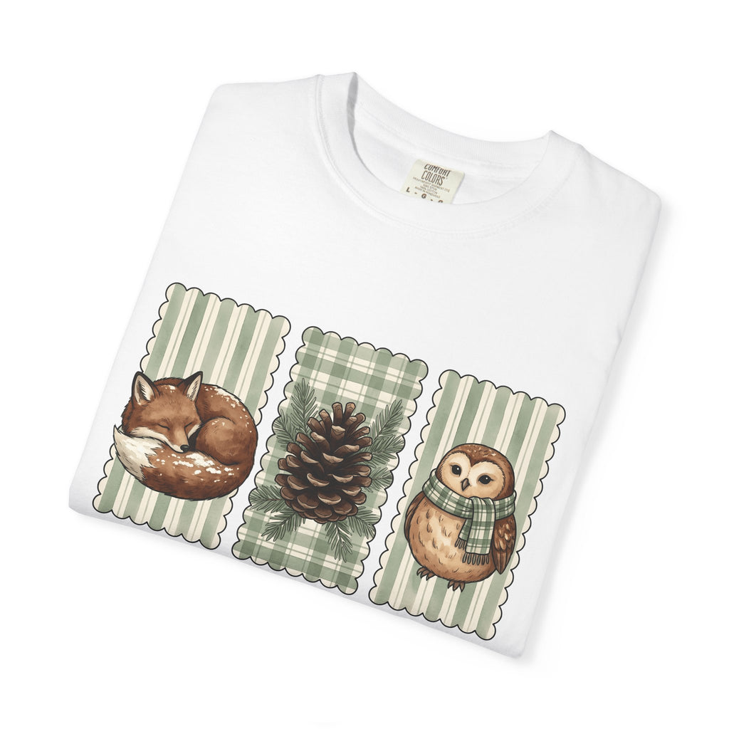 Forest Critters Shirt Christmas Environment Gift Women Ink Tee Wildlife T-Shirt Xmas Fan Nature Tshirt Eco Graphic Line Art Seed Cone Tshirt