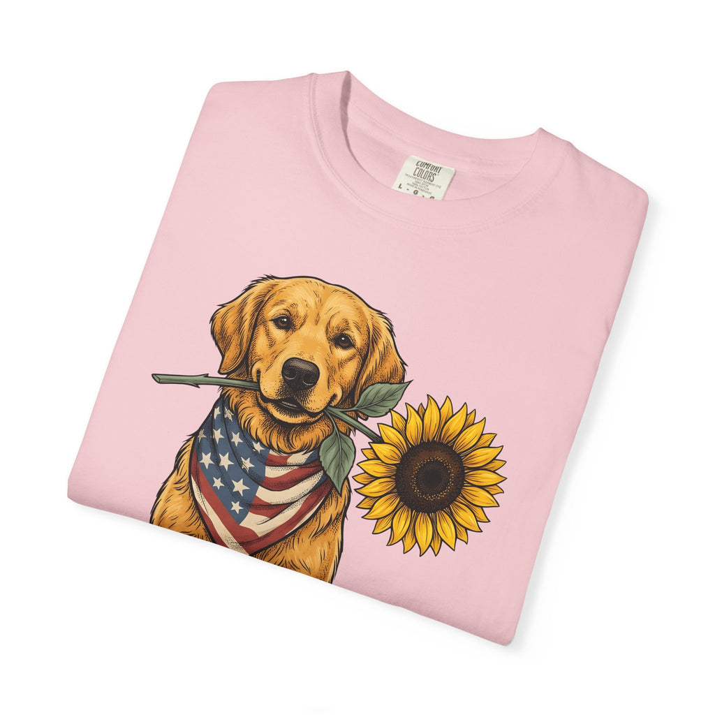 Golden Retriever Shirt Dog Patriotic Gift Women Vintage Tee Retriever T-Shirt Dog Fan Retro Tshirt American Graphic Hand Drawn Sunflower