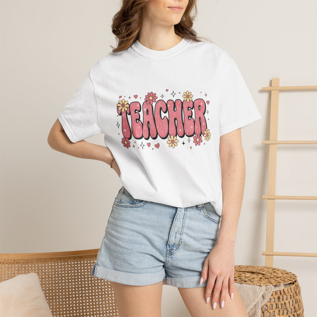 Funky Flowers Shirt Boho Chic School Gift Women Pop Art Tee Floral T-Shirt Hippie Fan Psychedelic Tshirt College Graphic Outline Romantic