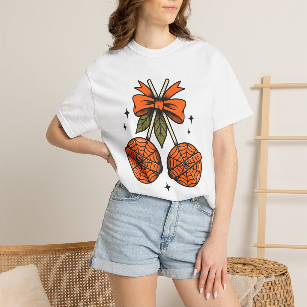 Spiderweb Candy Shirt Halloween Sweets Gift Women Traditional Tee Candy T-Shirt Halloween Fan Vintage Tshirt Dessert Graphic Retro Orange