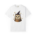 Owl Wizard Hat Shirt Halloween Wildlife Gift Women Sketch Tee Wizard Hat T-Shirt Horror Fan Drawing Graphic Retro Moon Phases Tshirt