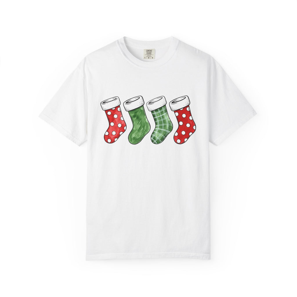 Christmas Stockings Shirt Christmas Holiday Gift Women Watercolor Tee Stocking T-Shirt Xmas Fan Watercolour Tshirt Seasonal Graphic Sketch