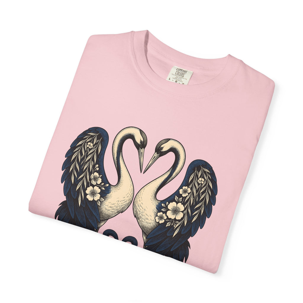 Two Cranes Shirt Animals Floral Arrangement Gift Women Old School Tee Crane T-Shirt Wildlife Fan Vintage Tshirt Bouquet Graphic Outline