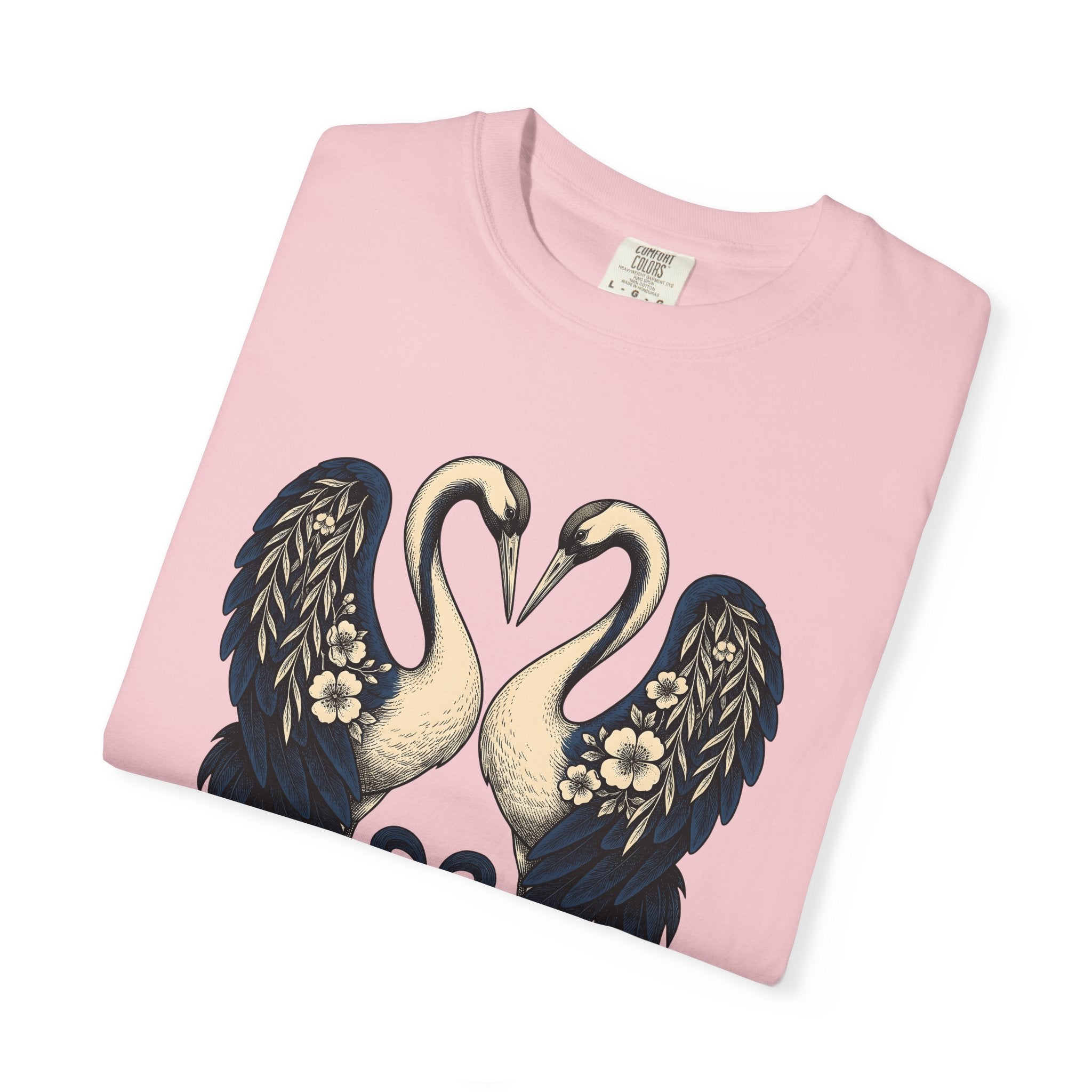 Two Cranes Shirt Animals Floral Arrangement Gift Women Old School Tee Crane T-Shirt Wildlife Fan Vintage Tshirt Bouquet Graphic Outline