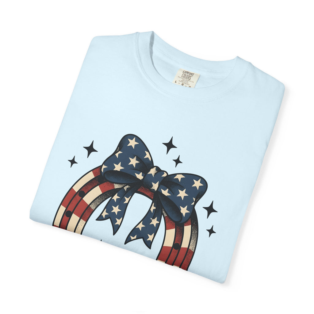 Patriotic Horseshoe Shirt 4th Of July Western Gift Women Vintage Tee Horseshoe T-Shirt Independence Day Fan Distressed Tshirt Cowboy Graphic
