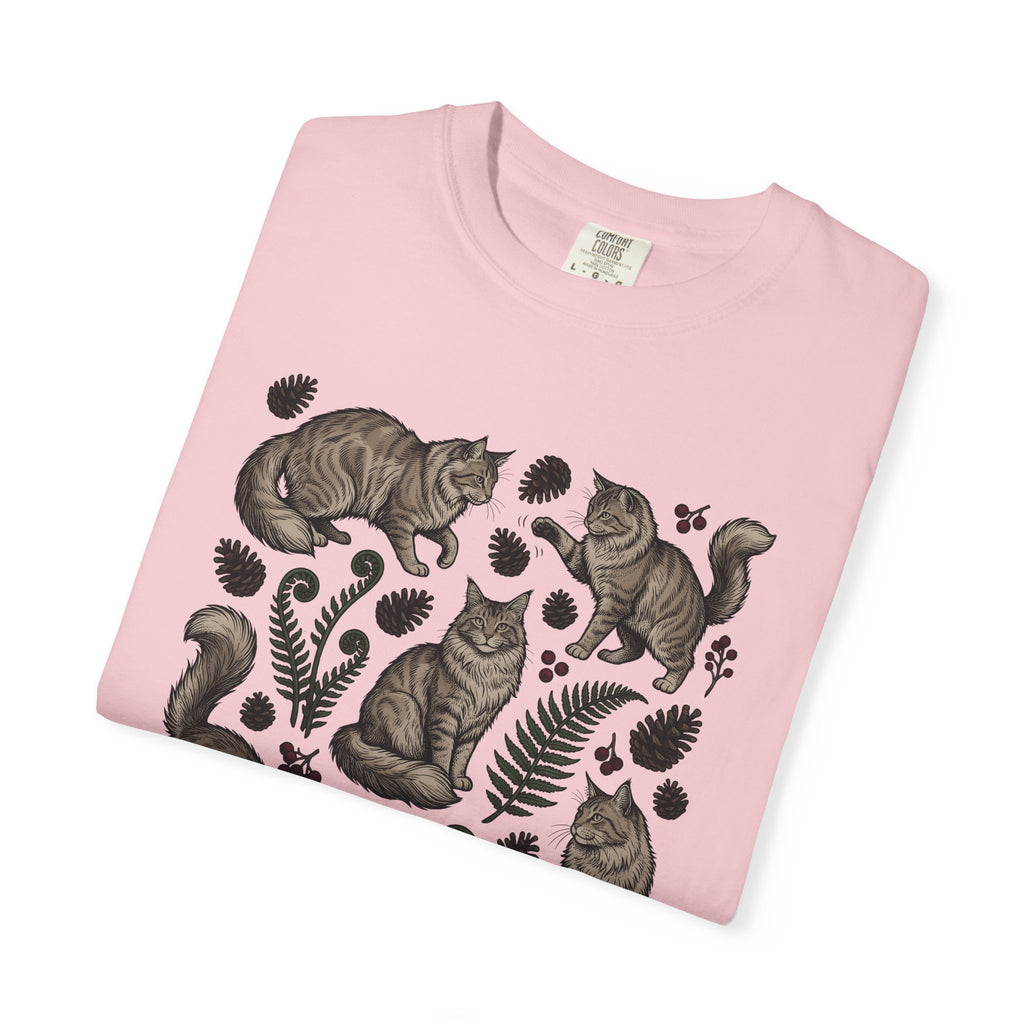 Maine Coon Cats Shirt Cat Wilderness Gift Women Shabby Chic Tee Cat T-Shirt Cat Fan Fancy Tshirt Forest Graphic Fine Line Pinecones Tshirt