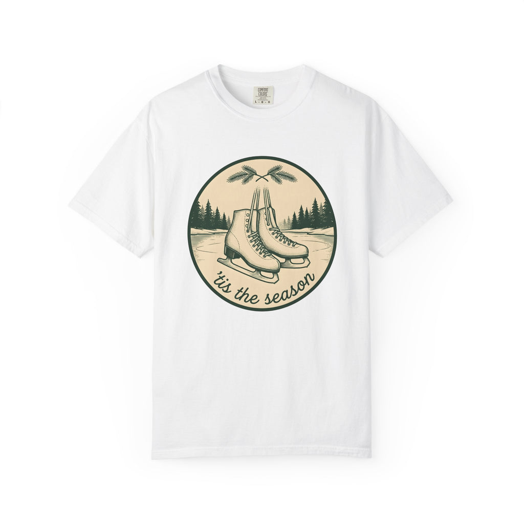 Ice Skates Shirt Christmas Winter Gift Women Vintage Tee Skating T-Shirt Xmas Fan Holiday Tshirt Frosty Illustration Hand Drawn Pine Trees