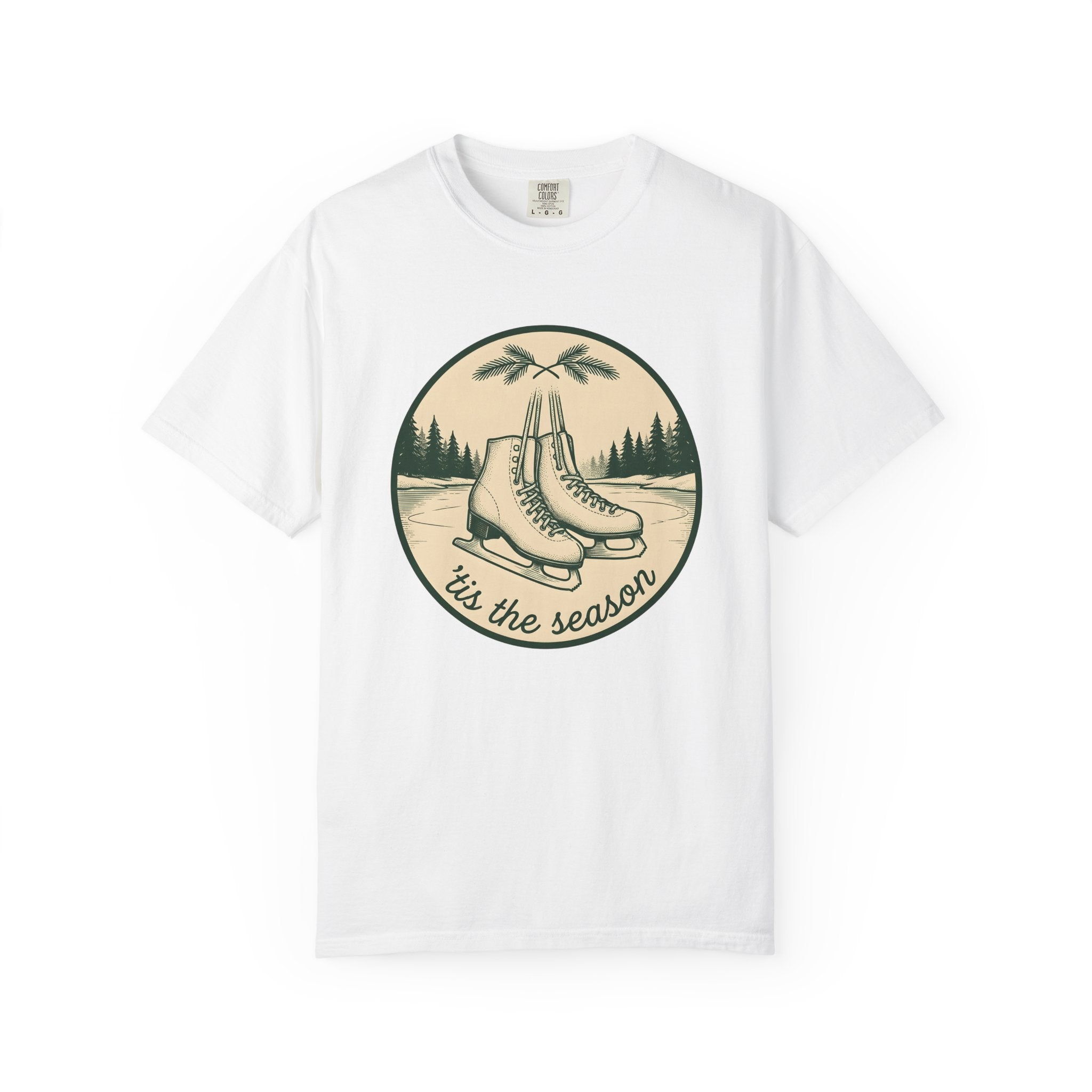 Ice Skates Shirt Christmas Winter Gift Women Vintage Tee Skating T-Shirt Xmas Fan Holiday Tshirt Frosty Illustration Hand Drawn Pine Trees