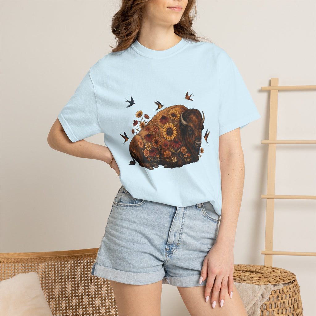 Bison Blossom Shirt Animals Wildlife Gift Women Folk Tee Buffalo T-Shirt Creature Fan Folk Art Tshirt Wildlife Graphic Throwback Swallow