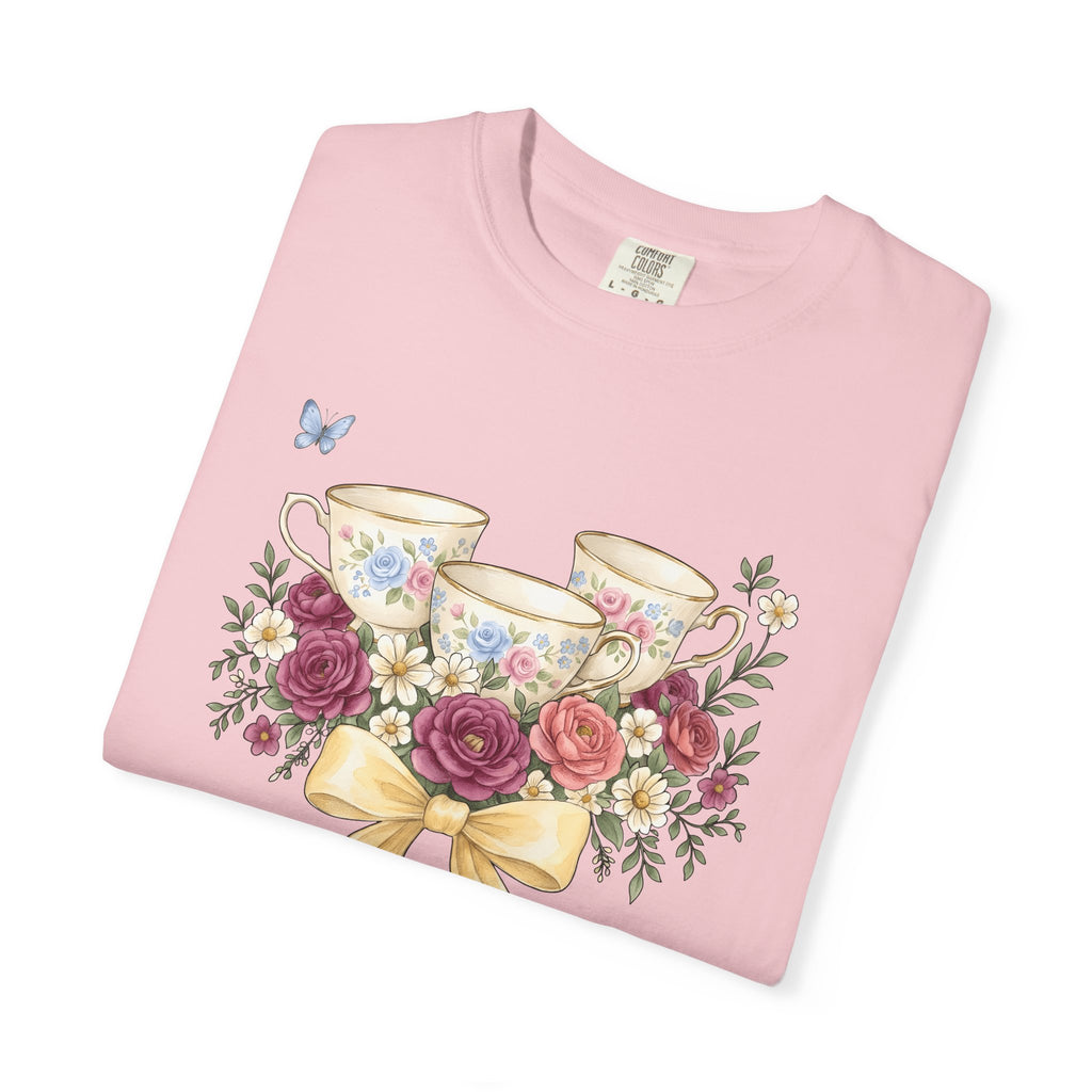Flower Tea Cups Shirt Easter Blossoms Gift Women Paint Tee Teacup T-Shirt Spring Fan Artistic Tshirt Floral Graphic Retro Ribbon Tshirt