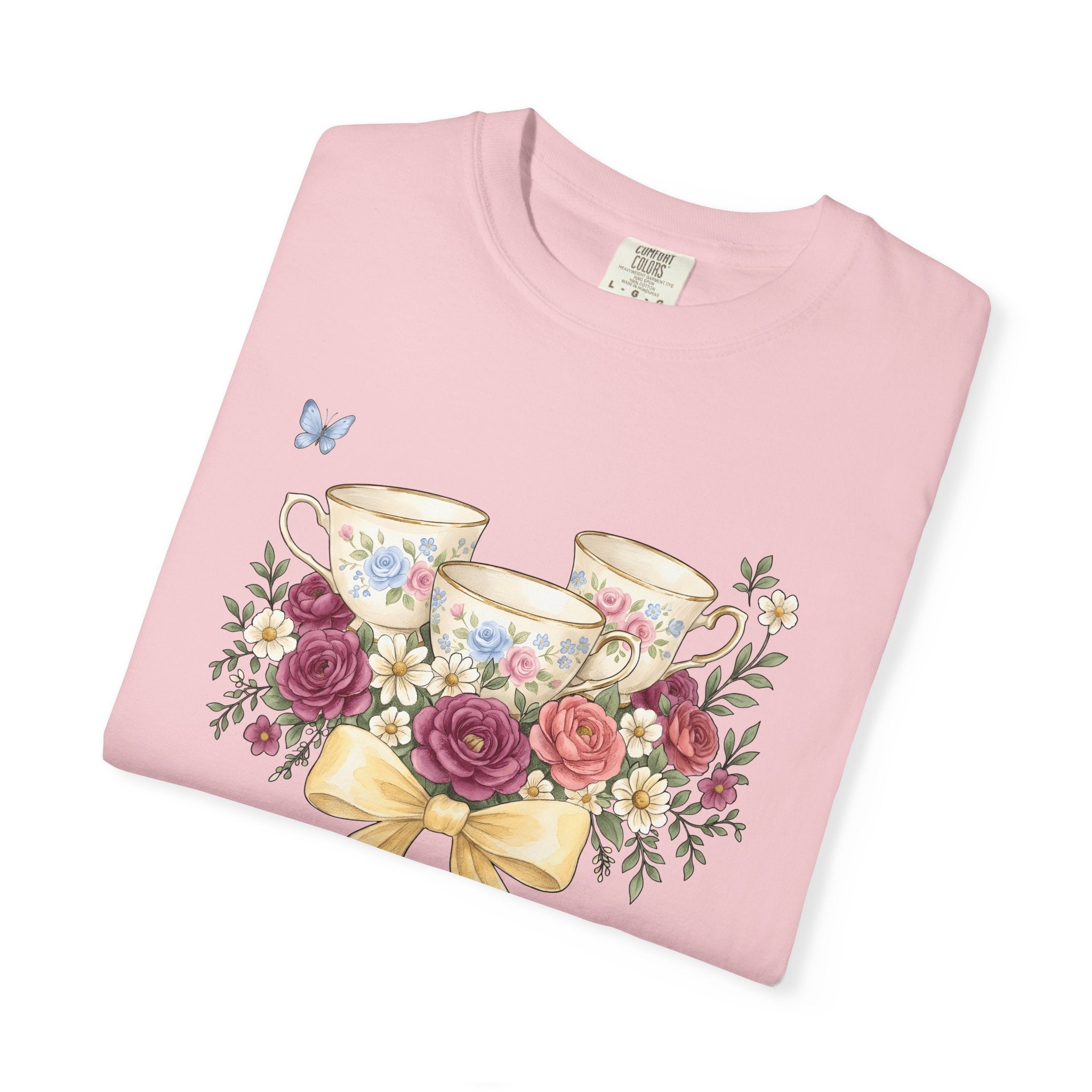 Flower Tea Cups Shirt Easter Blossoms Gift Women Paint Tee Teacup T-Shirt Spring Fan Artistic Tshirt Floral Graphic Retro Ribbon Tshirt