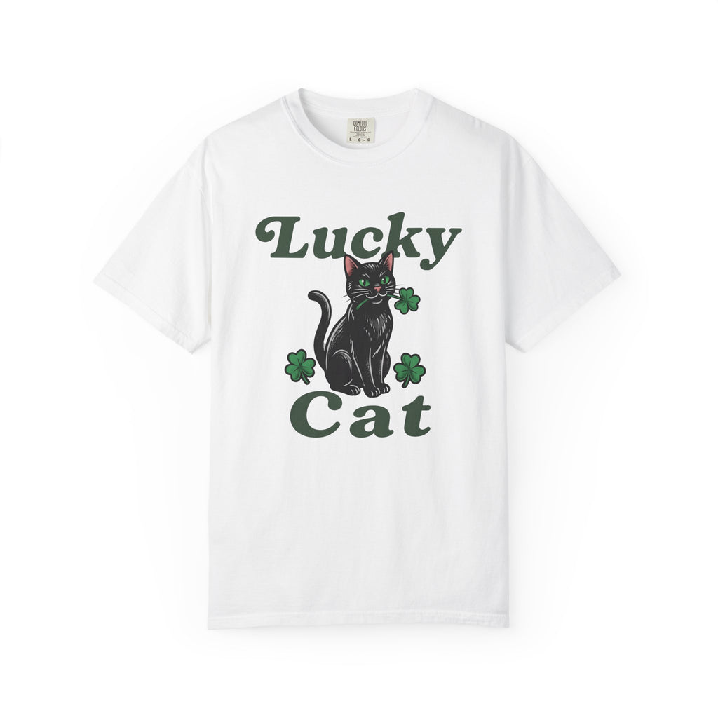 Black Cat Shirt St Patricks Day Kitty Gift Women Hand Drawn Tee Cat T-Shirt Shamrock Fan Cat Graphic Kitten Illustration Sketch Green Clover