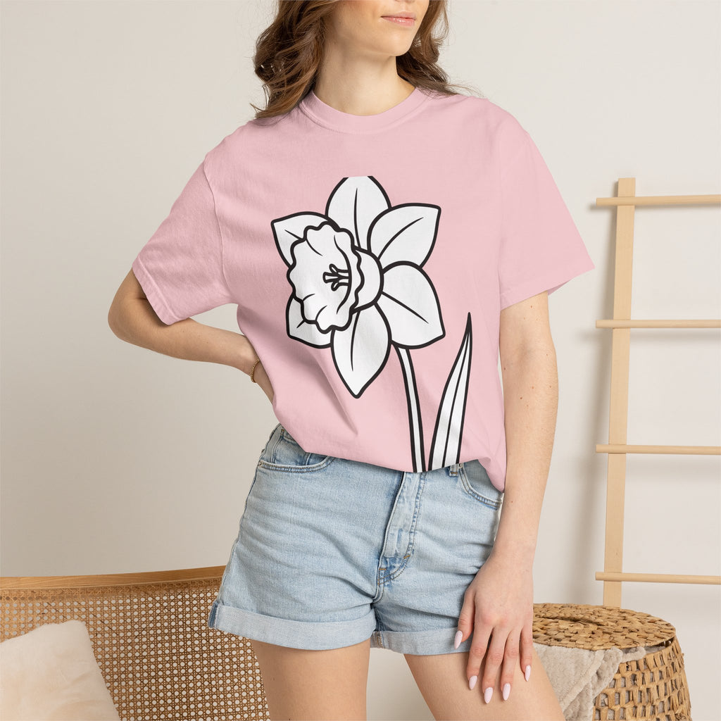 Daffodil Flower Shirt Easter Floral Gift Women Line Art Tee Narcissus T-Shirt Easter Fan Doodle Tshirt Botanical Graphic Minimalist Stem