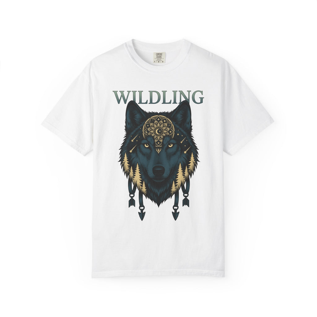 Wolf Pattern Shirt Boho Chic Fauna Gift Women Tribal Tee Wolf T-Shirt Bohemian Fan Primitive Tshirt Wildlife Graphic Classic Fir Trees