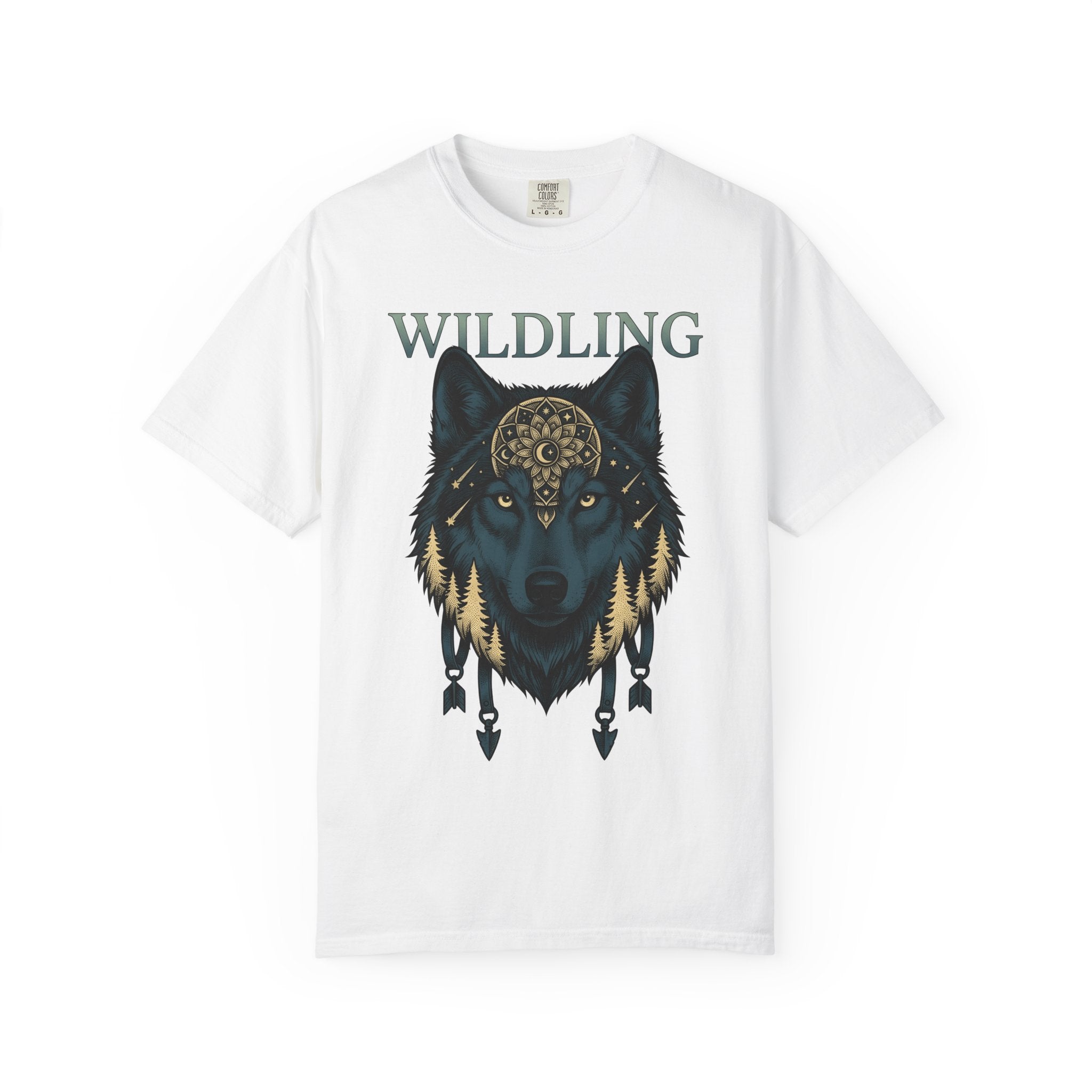 Wolf Pattern Shirt Boho Chic Fauna Gift Women Tribal Tee Wolf T-Shirt Bohemian Fan Primitive Tshirt Wildlife Graphic Classic Fir Trees