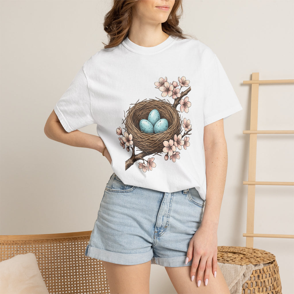 Bird Nest Shirt Easter Spring Gift Women Botanical Tee Nest T-Shirt Easter Fan Botanical Illustration Spring Graphic Vintage Cherry Blossoms