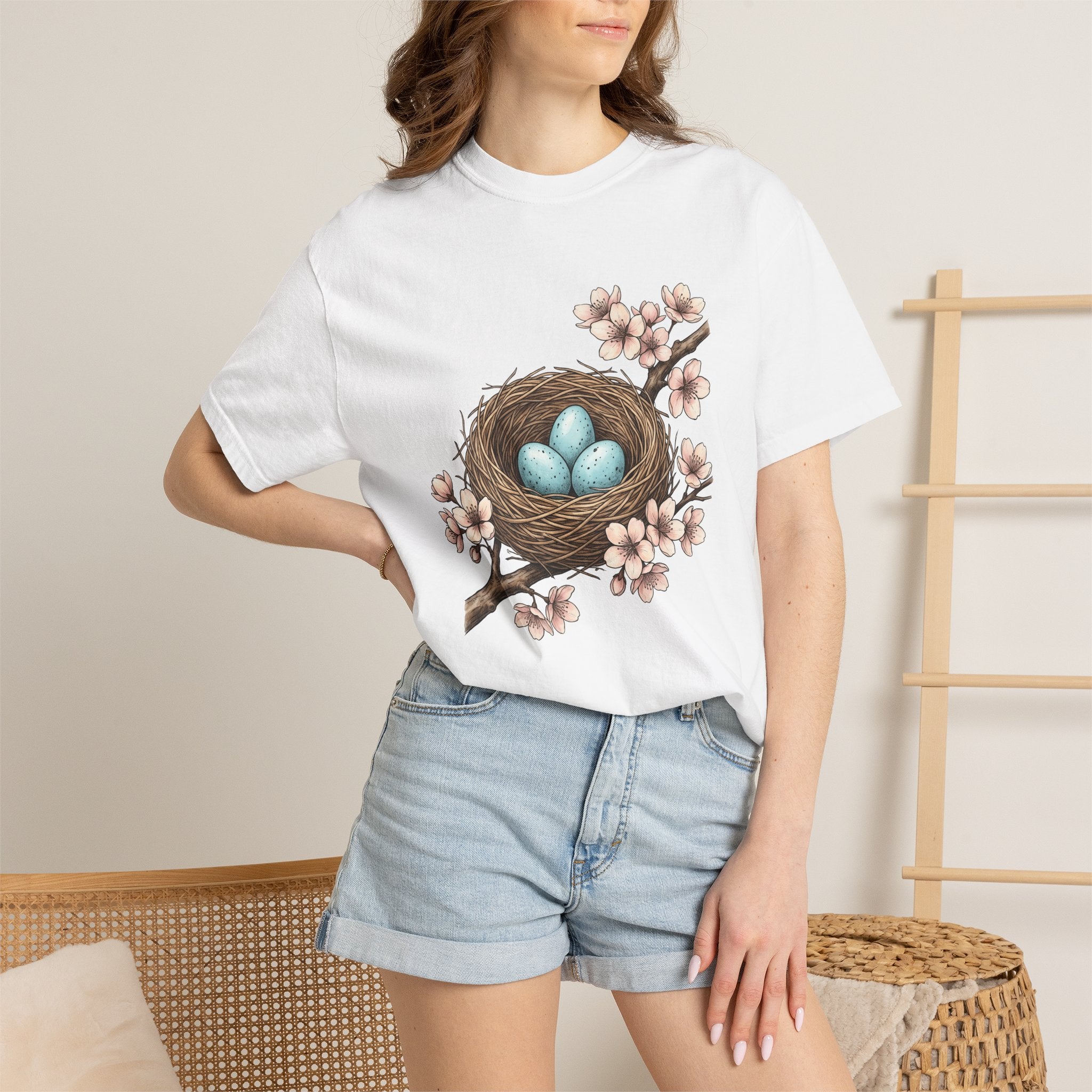 Bird Nest Shirt Easter Spring Gift Women Botanical Tee Nest T-Shirt Easter Fan Botanical Illustration Spring Graphic Vintage Cherry Blossoms