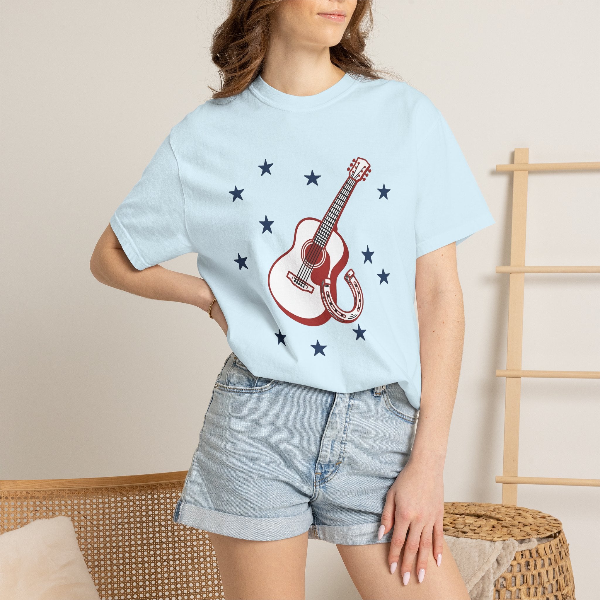 Guitar Horseshoe Shirt America Farm Gift Women Vintage Tee Horseshoe T-Shirt American Fan Vintage Tshirt Ranch Graphic Hand Drawn Star