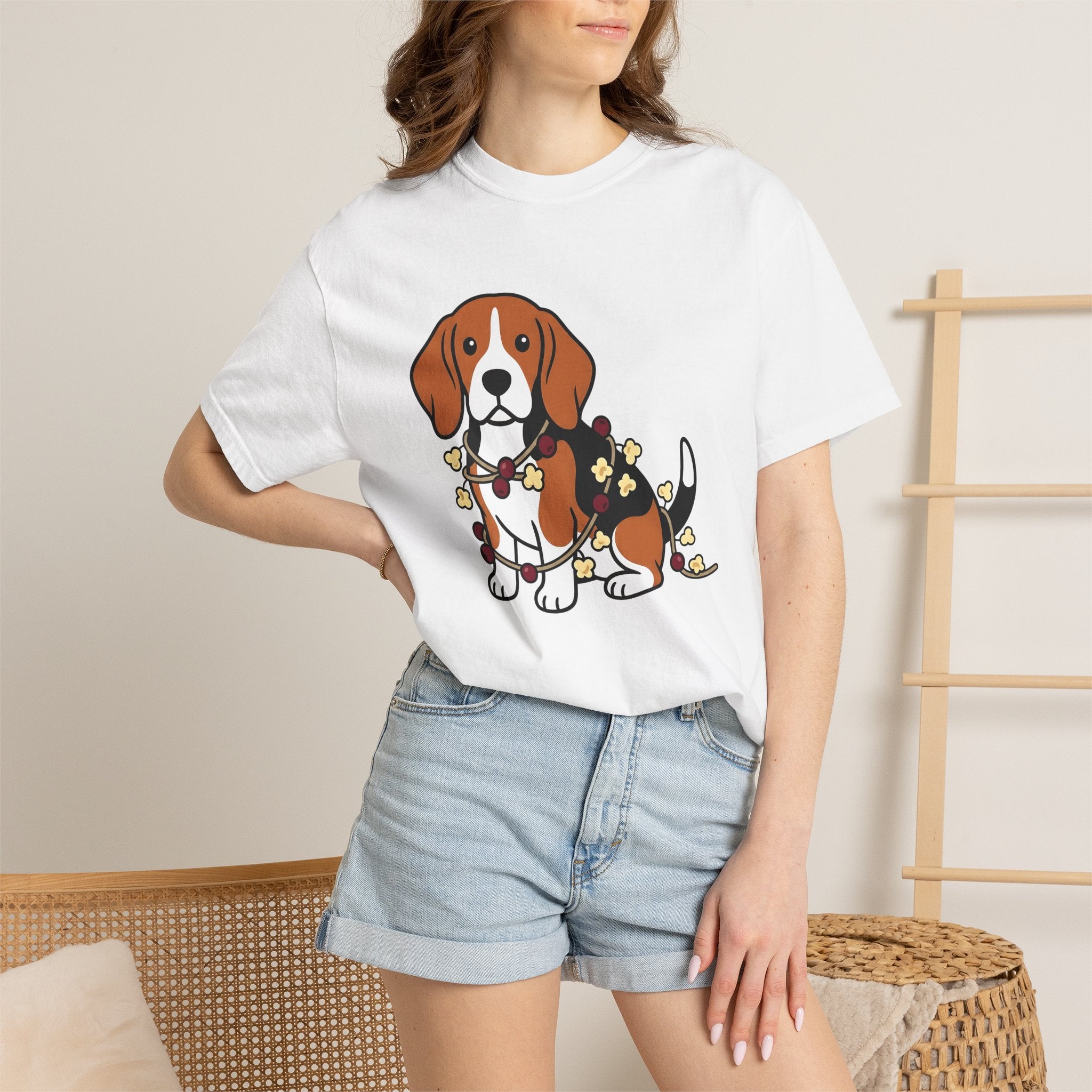Beagle Hound Shirt Dog Holiday Decor Gift Women Animated Tee Hound Dog T-Shirt Dog Fan Cartoon Tshirt Christmas Graphic Clean Popcorn Chain