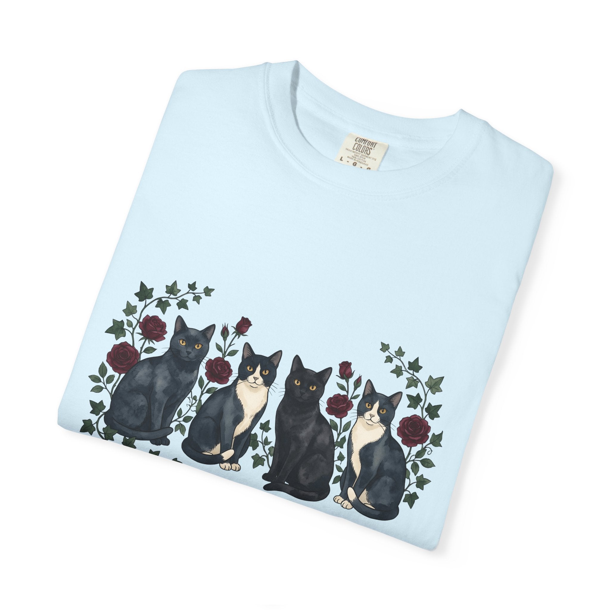 Black Cats Shirt Cat Flowers Gift Women Watercolor Tee Kitties T-Shirt Cat Fan Feline Tshirt Floral Graphic Retro Red Roses Tshirt