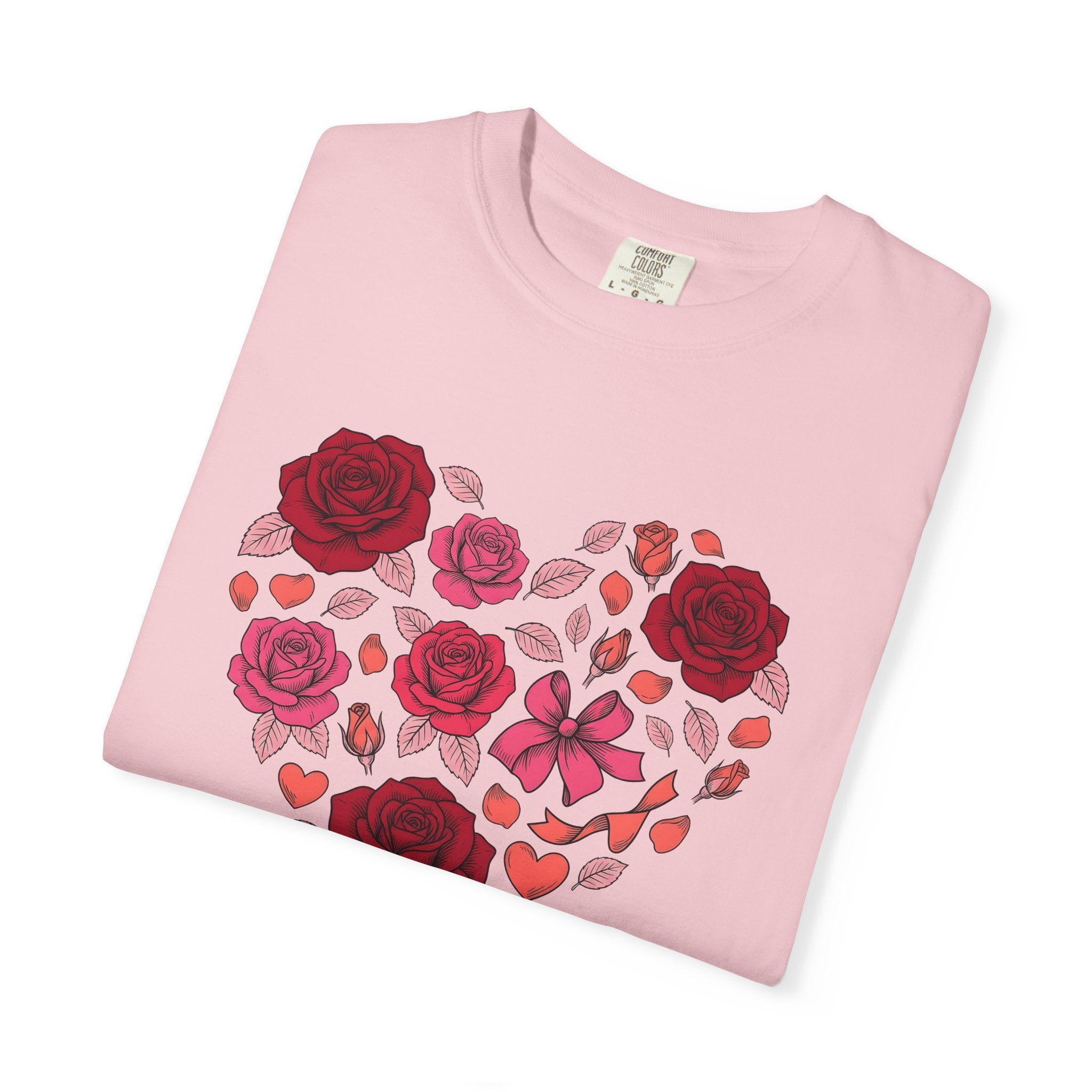 Rose Heart Shirt Valentines Day Floral Gift Women Hand Drawn Tee Heart T-Shirt Valentine Fan Illustrated Tshirt Floral Design Vintage Bow