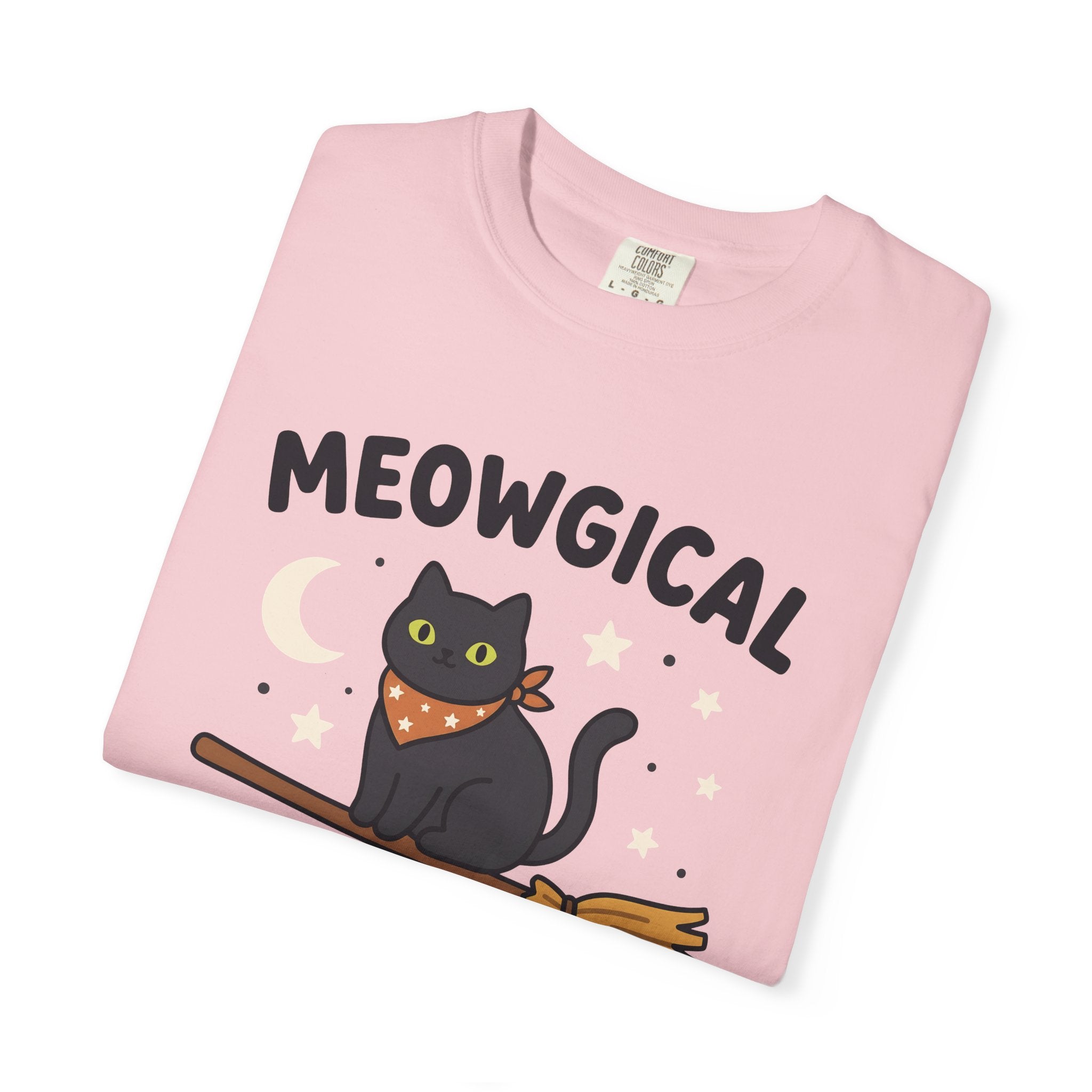Black Cat Broom Shirt Halloween Cat Gift Women Cute Tee Witch Broomstick T-Shirt Halloween Fan Kitty Graphic Cat Lady Illustration Cartoon