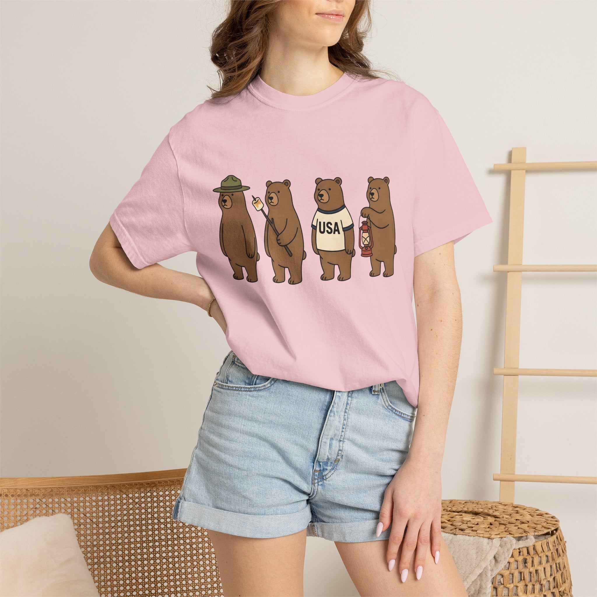 Camping Bears Shirt America Camping Gift Women Cartoon Tee Bear T-Shirt American Fan Cartoon Tshirt Outdoor Graphic Camping Illustration