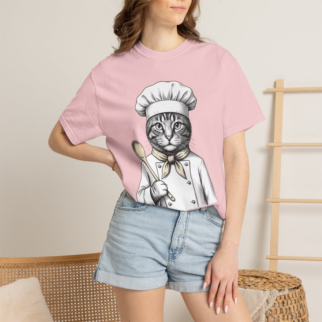 Cat Chef Shirt Cat Cookery Gift Women Cartoon Tee Kitten T-Shirt Cat Fan Feline Tshirt Cooking Graphic Hand Painted Wooden Utensil Tshirt