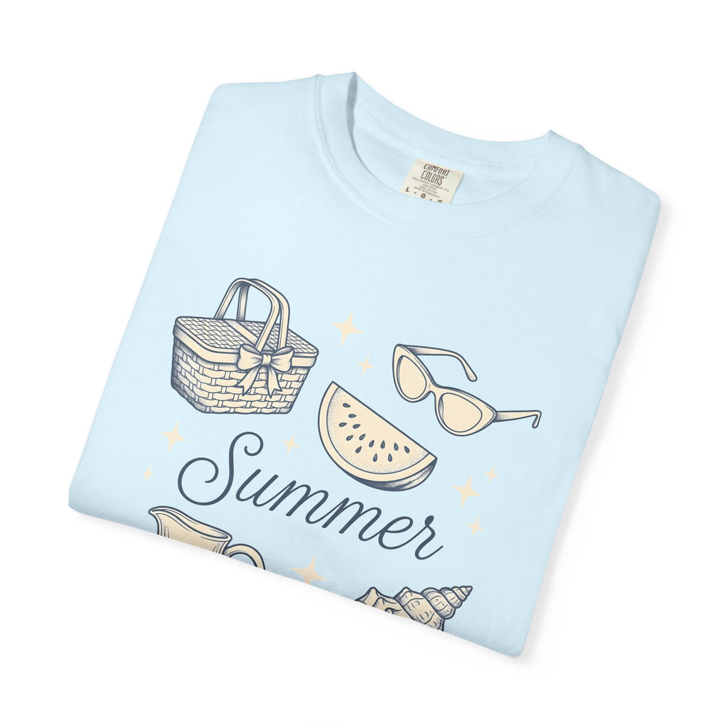 Summer Signs Shirt Summer Getaway Gift Women Hand Drawn Tee Seasonal T-Shirt Summer Fan Illustrated Tshirt Vacation Graphic Cartoon Picnic